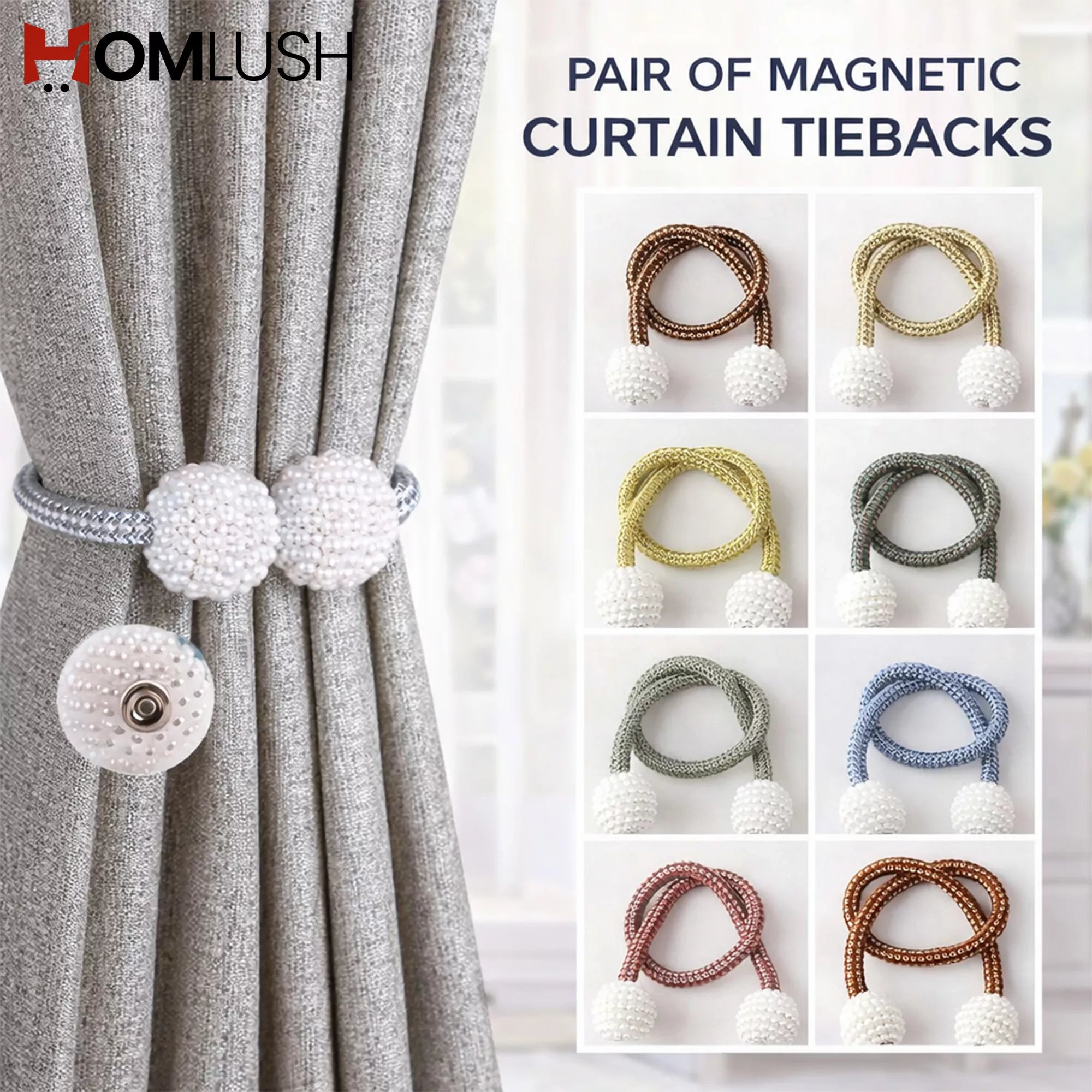 Magnetic Curtain Holder Pair with Pearl Tiebacks