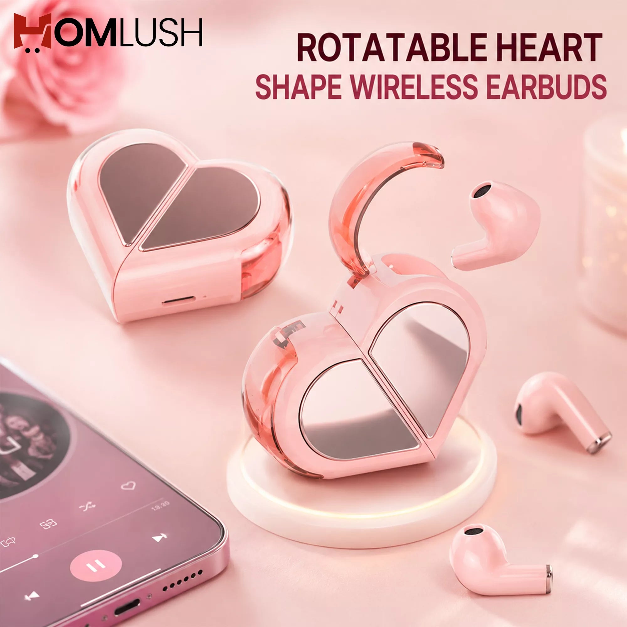 heart shape wireless earbuds in pink design