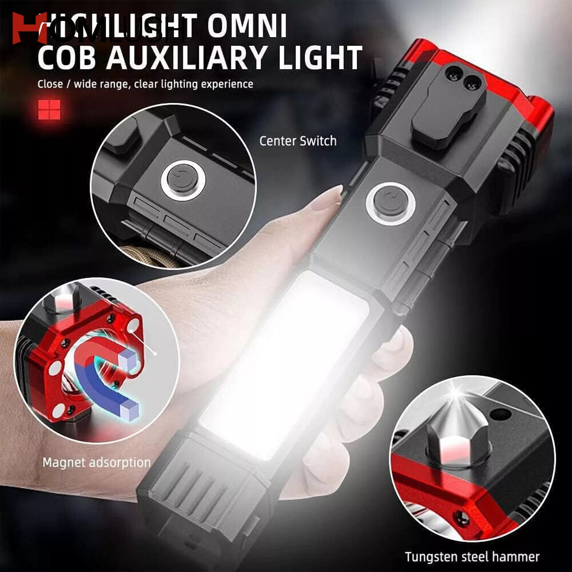 emergency flashlight with safety hammer
